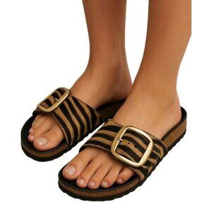 Birkenstock Women Big Buckle Zebra Cowhide Sandals Black Size 37